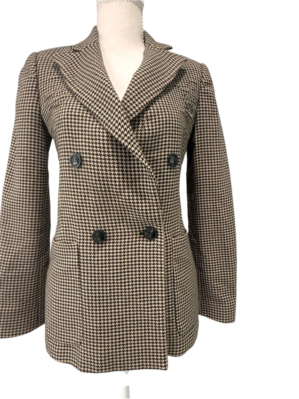REISS Ella Double-Breasted Dogtooth Wool-Blend Puckered Shoulder Blazer Size 2 - Picture 3 of 11
